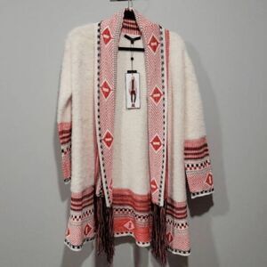 BCBG MaxSport Cardigan Sweater Small Ivory Red‎ Blanket Western Aztec Open Front